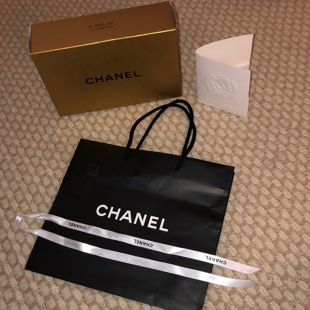 Chanel mini shop bag, box, ribbon, receipt holder